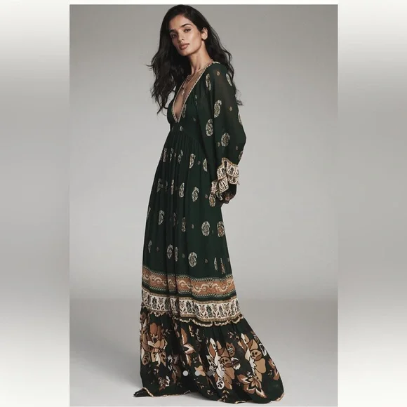 Farm Rio Ayla Long Sleeve V-Neck Green Floral Bohemian Maxi Dress - Picture 3 of 6